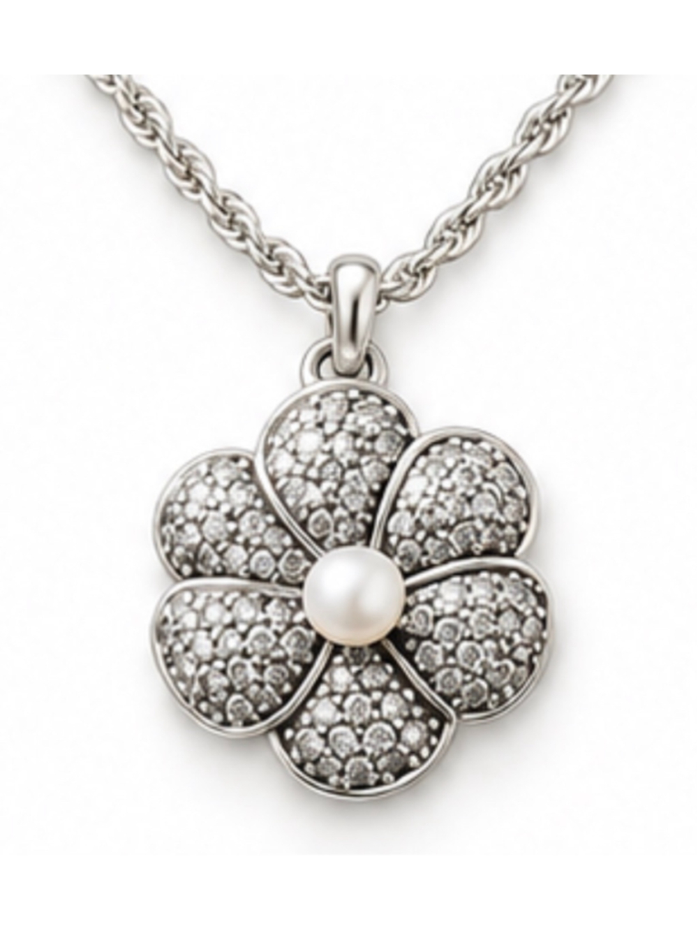 Sterling Silver Flower Pendant Necklace Pearl Silver White New!